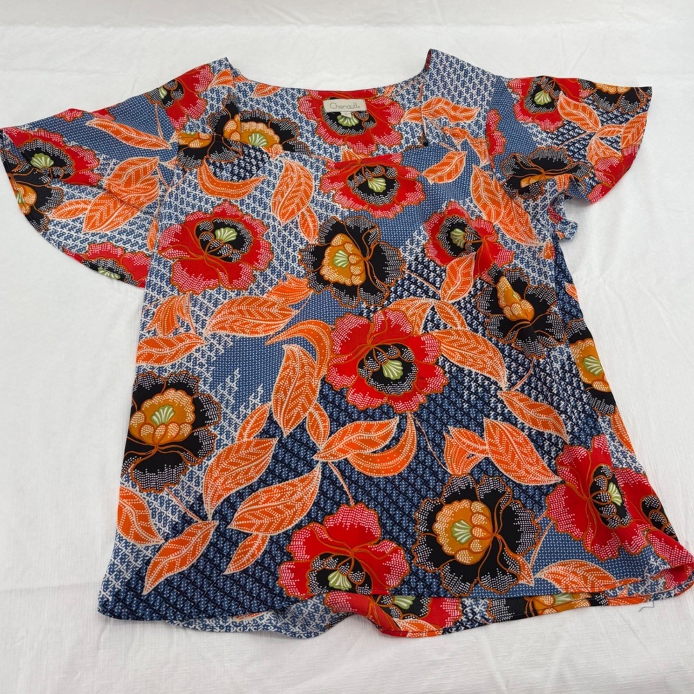Chenault Womens Petite‎ Large Floral Batik Print Flutter Sleeve Blouse Red Blue